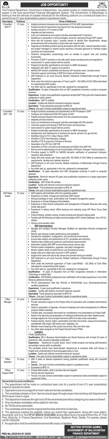 Finance Department Balochistan Jobs 2025