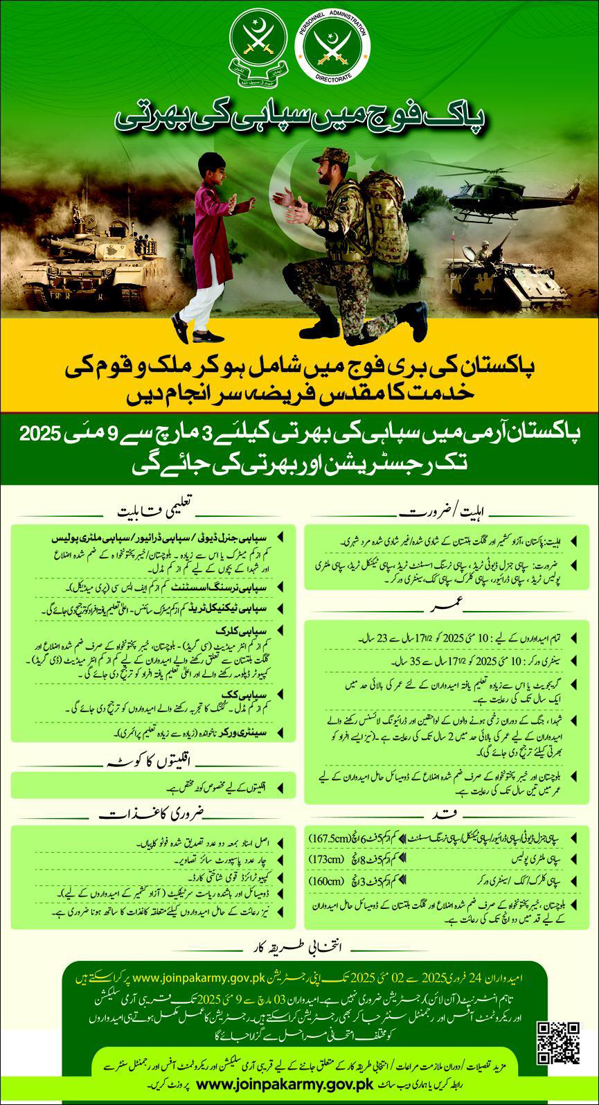 Join Pakistan Army as Sipahi Jobs 2025