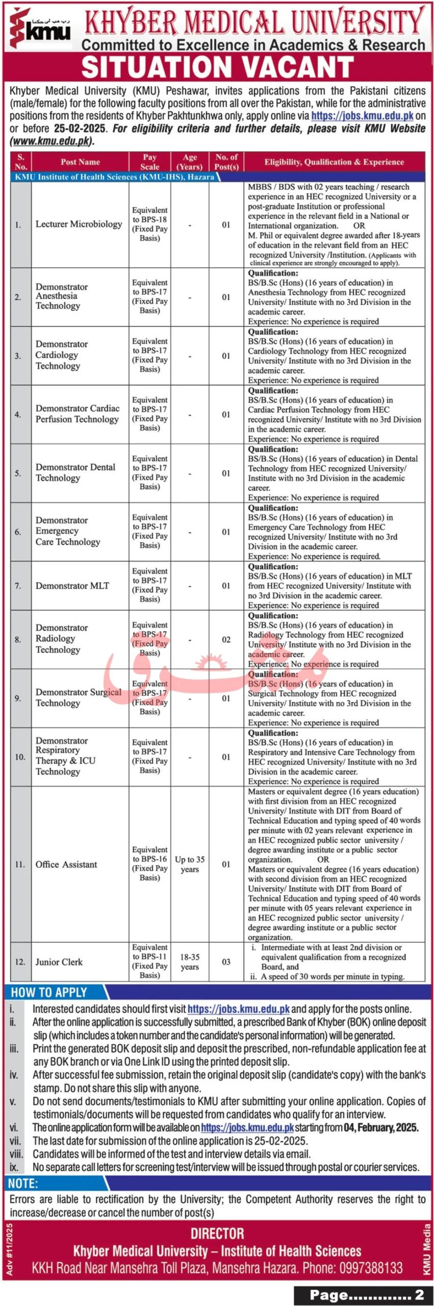 Khyber Medical University KMU Jobs 2025