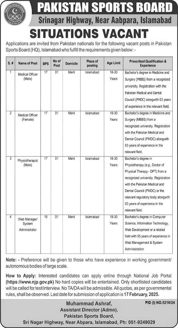 Pakistan Sports Board Jobs 2025