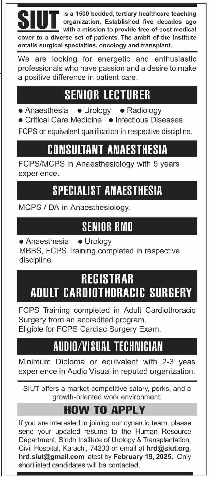 Sindh Institute of Urology & Transplantation SIUT Jobs 2025