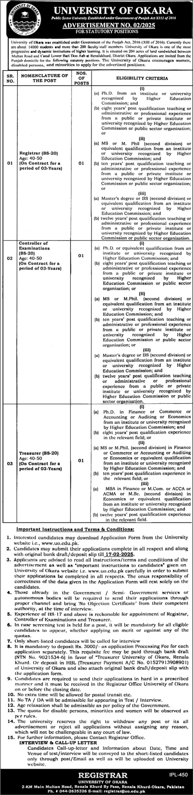 University of Okara Jobs 2025